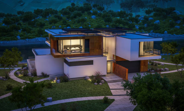 istock 3d rendering of modern cozy house by the river at night 932450872