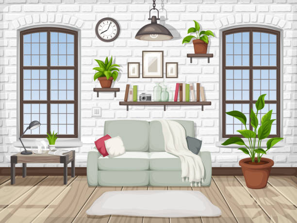 Loft living room interior. Vector illustration. Vector loft living room interior with a white brick wall and big windows. domestic room illustrations stock illustrations