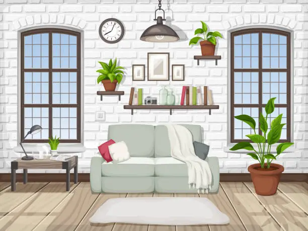 Vector illustration of Loft living room interior. Vector illustration.