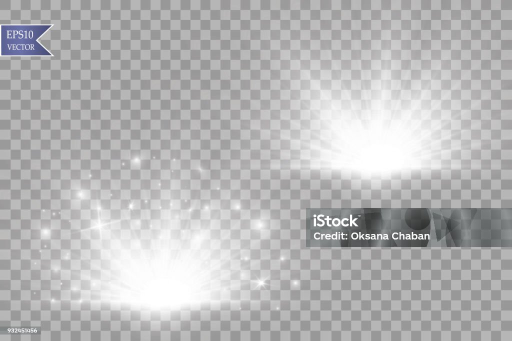 Set. Shining star, the sun particles and sparks with a highlight effect, golden bokeh lights glitter and sequins. On a dark background transparent Set. Shining star, the sun particles and sparks with a highlight effect, golden bokeh lights glitter and sequins. On a dark background transparent. Vector, EPS10 Glowing stock vector