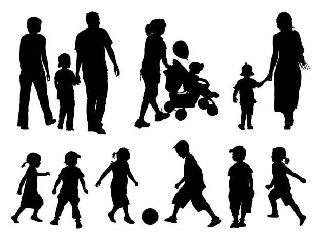 ilustrações, clipart, desenhos animados e ícones de silhuetas de família - silhouette white background black white