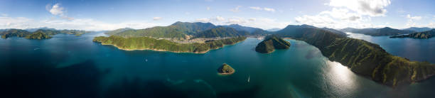 Aerial Panoramic View of Marlborough Sounds, New Zealand Aerial Panoramic View of Marlborough Sounds, New Zealand marlborough new zealand stock pictures, royalty-free photos & images