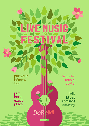 Template Design Poster with acoustic guitar silhouette spring green leaves. Design idea Live Music Festival show promotion advertisement. Seasonal event background vector vintage illustration A4 size