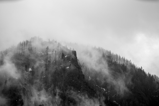 Landscape photographs of the cliffs of the Columbia RIver Gorge in Oregon. Black and White