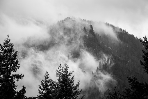 Landscape photographs of the cliffs of the Columbia RIver Gorge in Oregon. Black and White