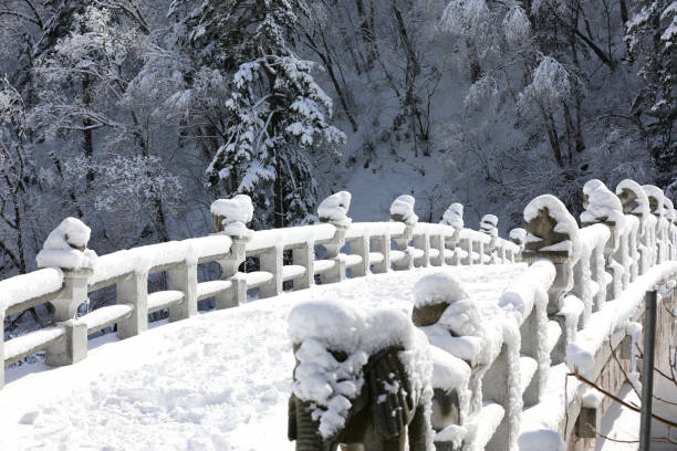 istock Beautiful winter landscape. Snowy stone bridge. (Odaesan National Park, Gangwon-do, Korea) 932512148