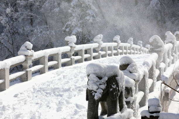 istock Beautiful winter landscape. Snowy stone bridge. (Odaesan National Park, Gangwon-do, Korea) 932512234