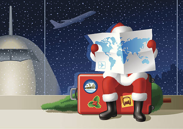 Santa's Christmas travel Santa Claus at the airport is sitting on a suitcase and selecting a route for the Christmas travel. progress window stock illustrations