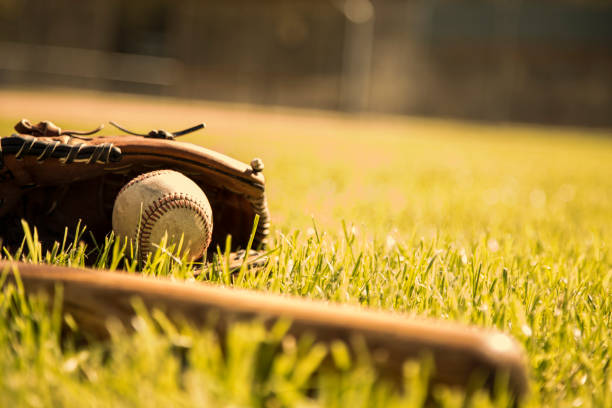 Baseball season is here.  Bat, glove and ball on field. Spring and summer baseball season is here.  Wooden bat, glove, and weathered ball lying on baseball field in late afternoon sun.  No people.  Great background image. baseball baseballs spring training professional sport stock pictures, royalty-free photos & images