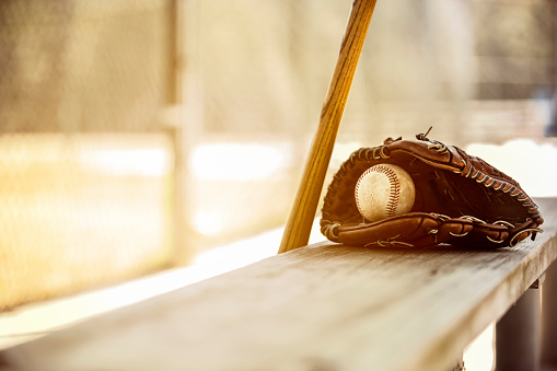 Spring and summer baseball season is here.  Wooden bat, glove, and weathered ball lying on dugout bench in late afternoon sun.  No people.  Great background image.