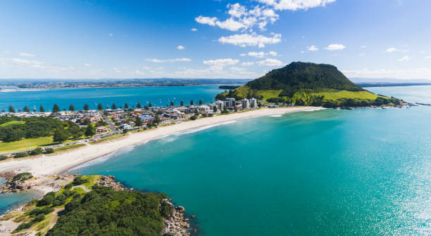 Aerial Panoramic view of Mt Maunganui coastline. Mt Maunganui view from Moturiki Island, New Zealand. mount maunganui stock pictures, royalty-free photos & images