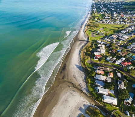 Aerial view of Waihi Beach, a coastal town at the western end of the Bay of Plenty in New Zealand's North Island.