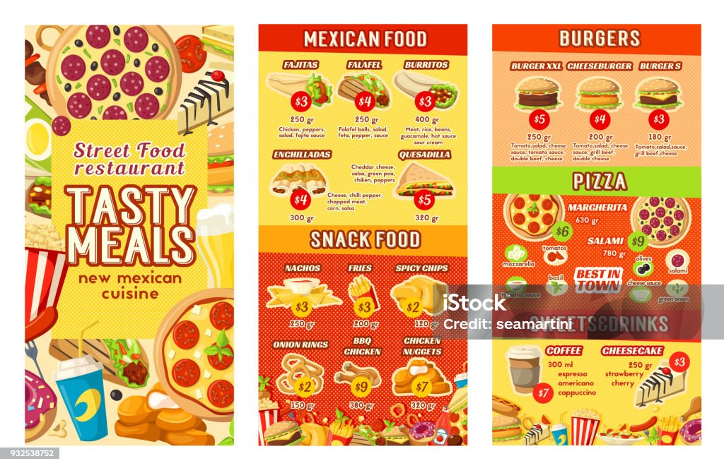 Vector fastfood street food restaurant cafe menu Fast food restaurant menu design template for street food, burgers or pizza and Mexican cuisine. Vector price for fastfood cheeseburger sandwich, hot dog or hamburger and burrito, donut and fries Menu stock vector