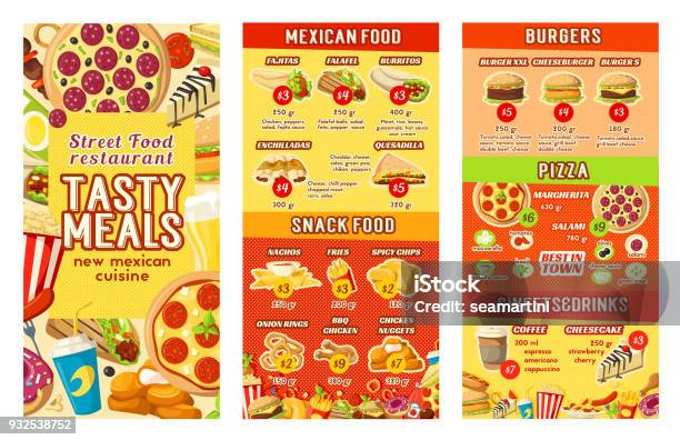 Vector Fastfood Street Food Restaurant Cafe Menu Stock Illustration - Download Image Now - Menu, Take Out Food, Pizza