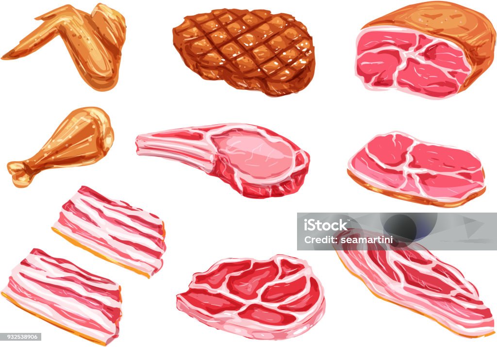 Vector meat products watercolor paint icons Meat watercolor paint vector icons. Beefsteak, barbeque grill brisket and bbq chicken legs or wings, beef tenderloin or ham bacon and sirloin fresh meat products in watercolor for butcher shop market Watercolor Painting stock vector
