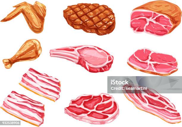 Vector Meat Products Watercolor Paint Icons Stock Illustration - Download Image Now - Watercolor Painting, Meat, Chicken Meat