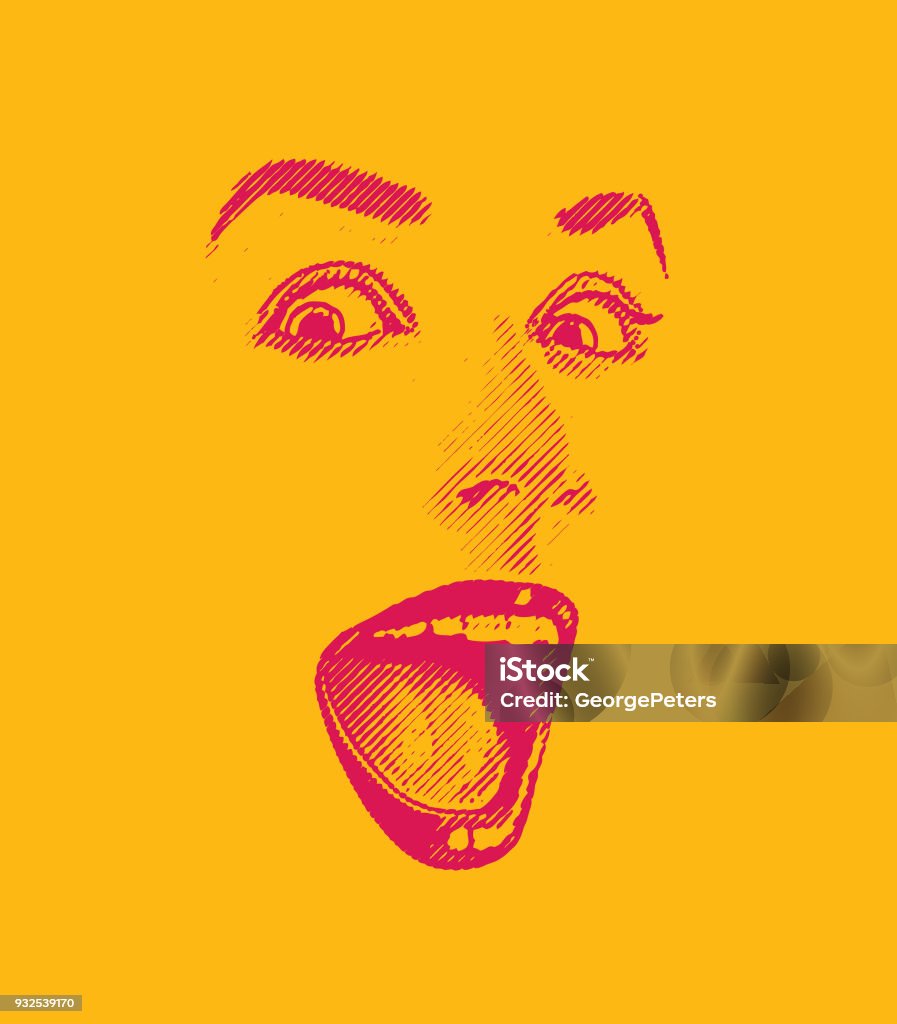 High key Engraving of Woman's eyes and lips, with happy, surprised expression Human Face stock vector