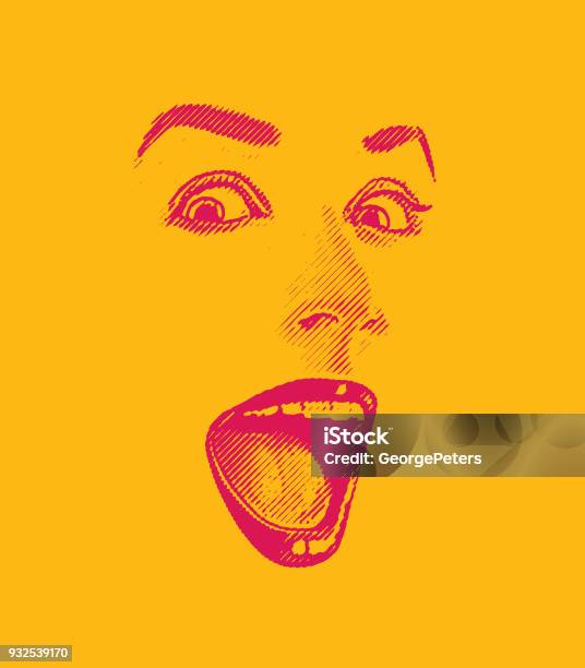 High Key Engraving Of Womans Eyes And Lips With Happy Surprised Expression Stock Illustration - Download Image Now