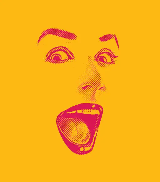 Vector illustration of High key Engraving of Woman's eyes and lips, with happy, surprised expression
