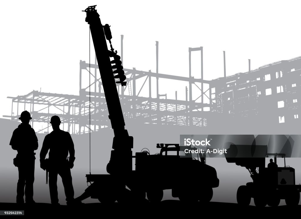 Drill Construction Crews Construction workers posing in front of a drill and other heavy equipment Construction Site stock vector