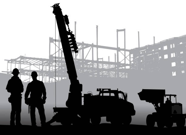 Drill Construction Crews Construction workers posing in front of a drill and other heavy equipment silhouette of construction sites stock illustrations