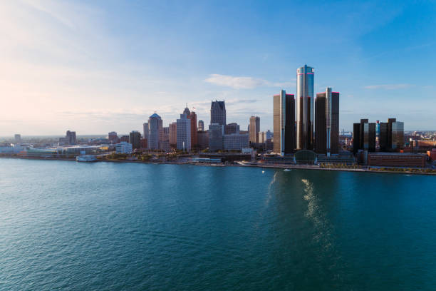 istock Detroit Aerial view sunset 932546228