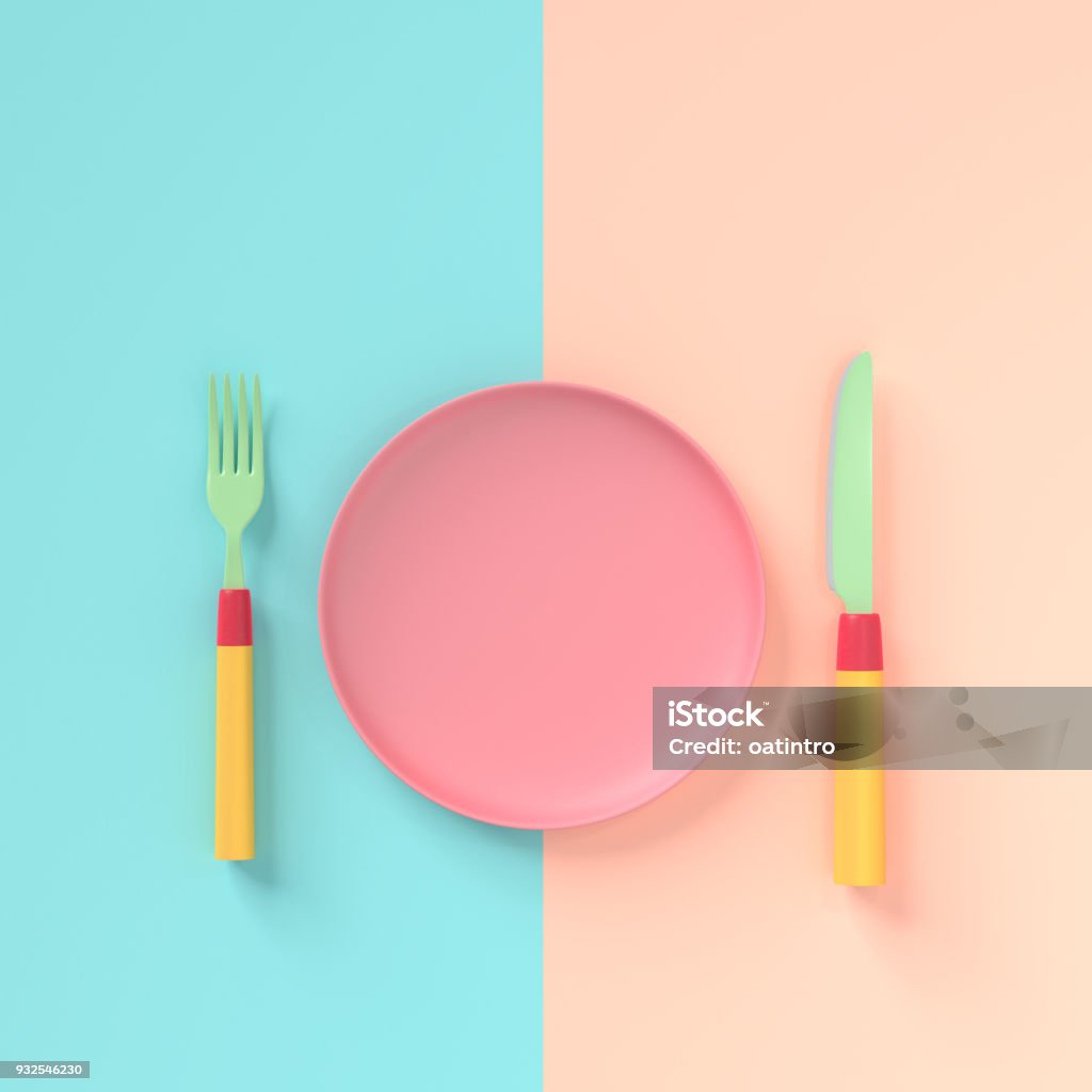 Fork with knife and  plate pastel color with copy space for your text Fork with knife and  plate pastel color with copy space for your text , concept pastel color 3d render. Plate Stock Photo