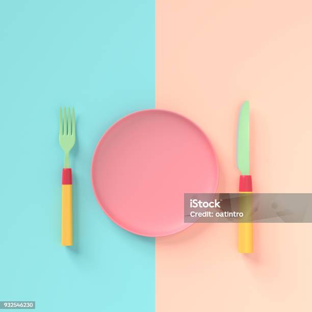 Fork With Knife And Plate Pastel Color With Copy Space For Your Text Stock Photo - Download Image Now