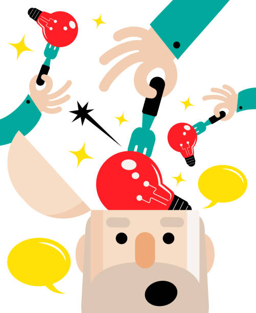 Hand thrust (insert) the fork into a light bulb in the senior man's open head Senior Adult Characters Design, Manga Style ,Cartoon, Vector art illustration.
Hand thrust (insert) the fork into a light bulb in the senior man's open head. brain eater stock illustrations