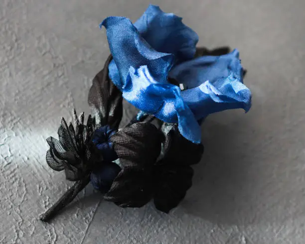 Navy blue woman brooch with silk flowers handmade