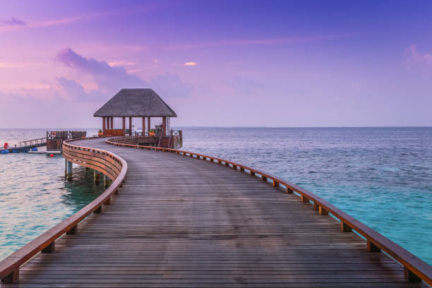 drewniane molo i błękitne morze na malediwach o zachodzie słońca - bora bora polynesia beach bungalow zdjęcia i obrazy z banku zdjęć