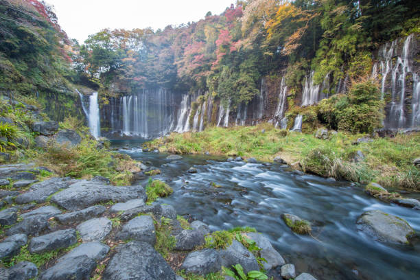 istock shiraito Waterfall in autumn season with green and red maple tree 932564062
