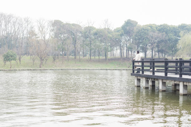 beautiful woman leaning on railing looking at view in park,China.