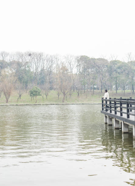beautiful woman leaning on railing looking at view in park,China.