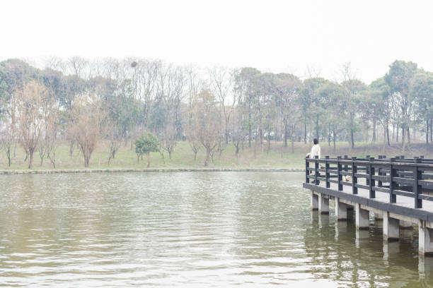 beautiful woman leaning on railing looking at view in park,China.