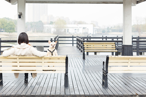 young female with her pet relaxing on park bench,china.