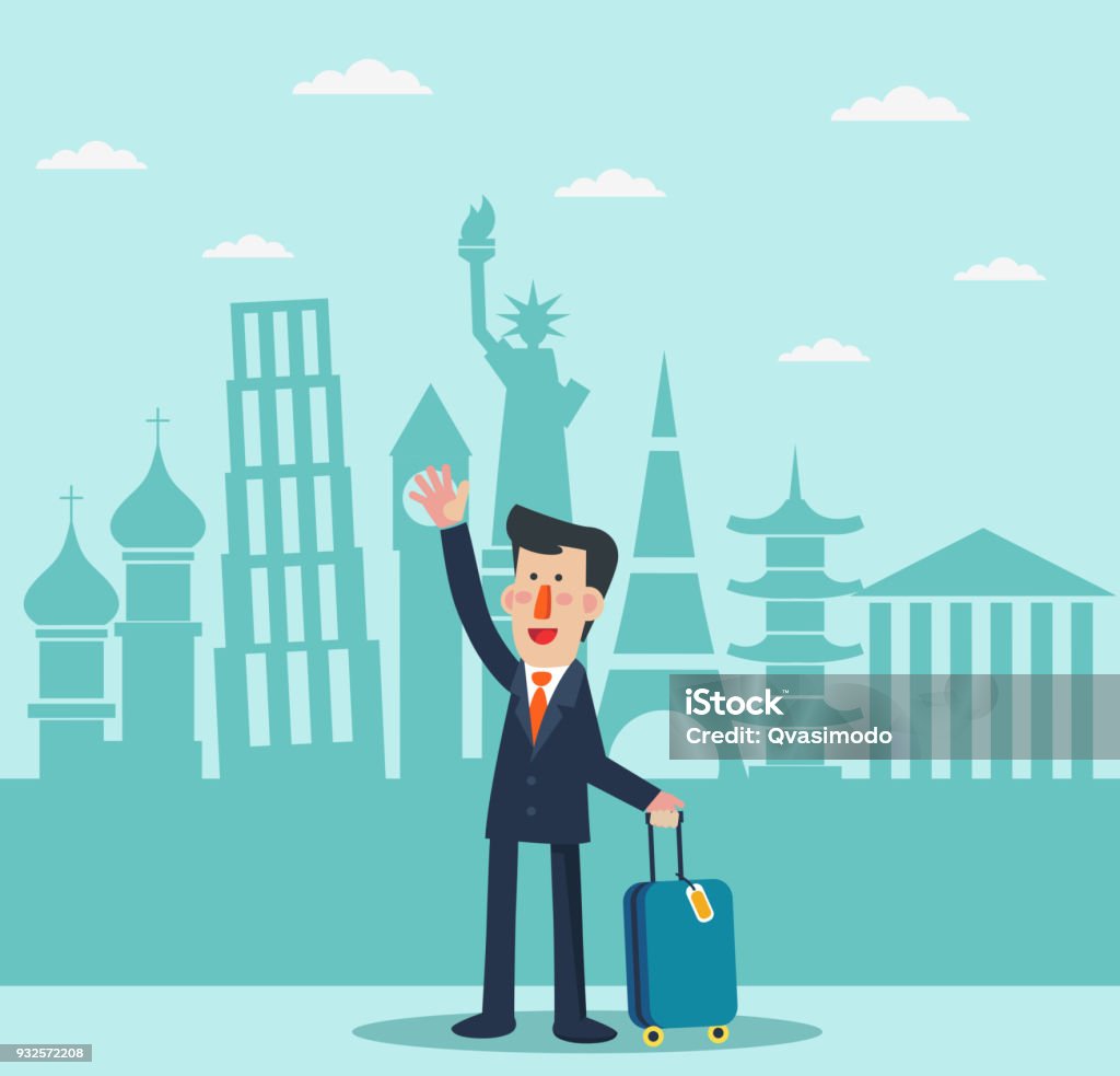 Successful, smiling businessman with suitcase and diversity famous monuments. Global travel and journey modern illustration. International business travel and adventure vector concept Achievement stock vector