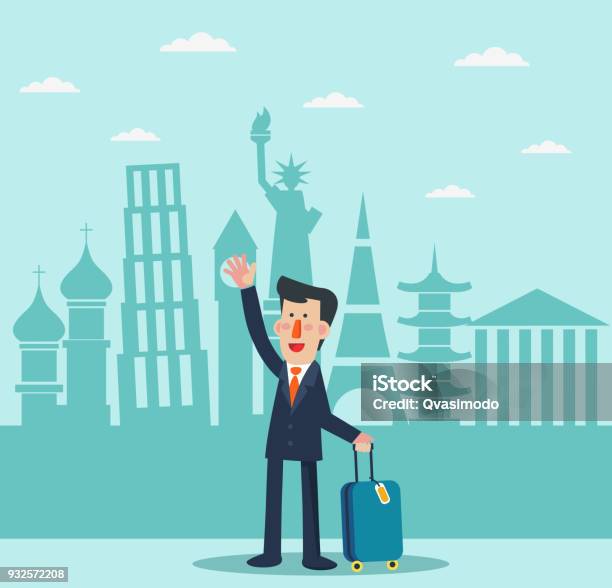 Successful Smiling Businessman With Suitcase And Diversity Famous Monuments Global Travel And Journey Modern Illustration International Business Travel And Adventure Vector Concept Stock Illustration - Download Image Now