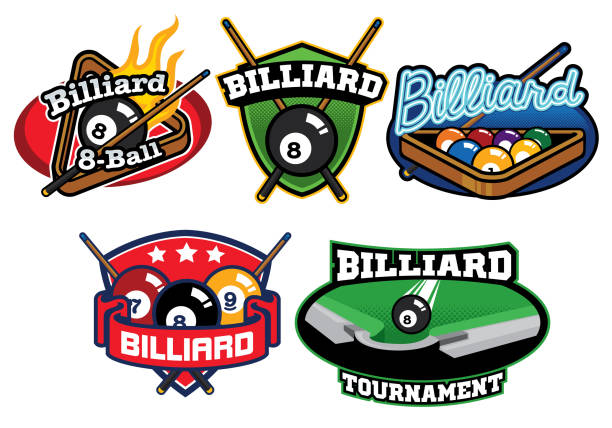 billard-abzeichen design sets - poolkugel stock-grafiken, -clipart, -cartoons und -symbole