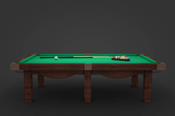 istock 3d rendering of a billiards table with two cue sticks and a rack with balls on its surface 932577054