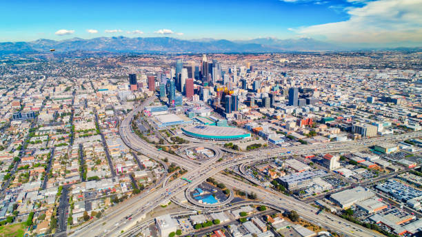 Aerial Photo of Downtown Los Angeles California Above the city of Los Angeles los angeles aerial stock pictures, royalty-free photos & images