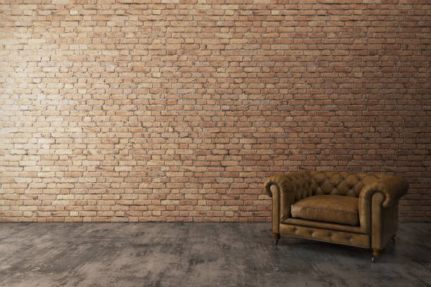 istock Classic armchair with orange brick wall. Scandinavian interior design. 3D illustration 932587020