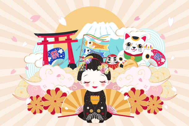 cute cartoon geisha cute cartoon geisha with travel japan in the japanese word on green background geisha costume stock illustrations