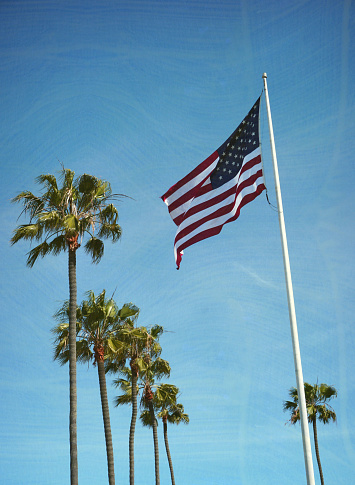 aged and worn American flag with palm trees