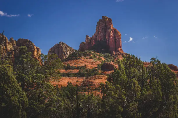 "The Fin" rock formation standing prominently in the Red Rock Secret Mountain Wilderness viewed from the Brins Mesa hiking trail, Coconino National Forest, Arizona