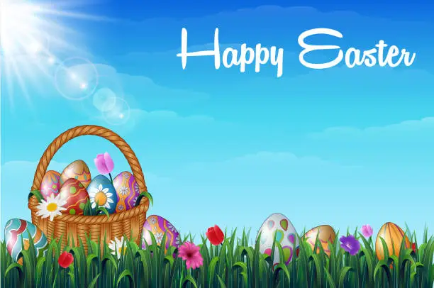 Vector illustration of Easter background with decorated Easter eggs on the basket in a grass field