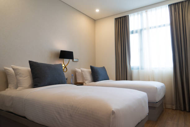 istock Separate single beds with many pillows in hotel 932613236