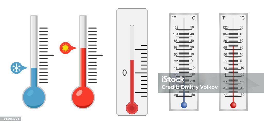 Thermomètre, un ensemble de thermomètres pour mesurer la température. Thermomètres réalistes. - clipart vectoriel de Température libre de droits