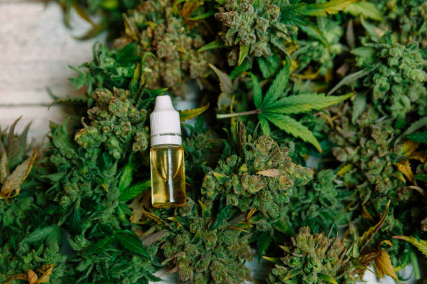 Medicinal cannabis with extract oil in a bottle stock photo