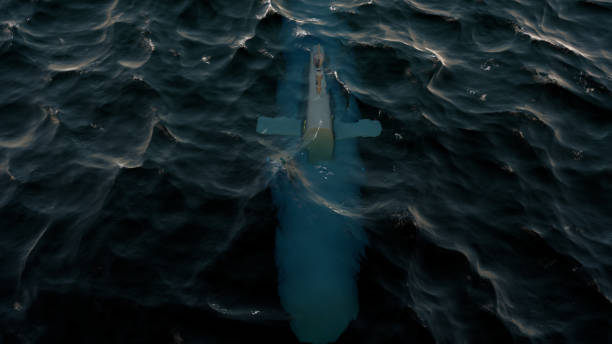 ilustração 3d de um submarino patrulhando logo abaixo da superfície da água - sub sea - fotografias e filmes do acervo